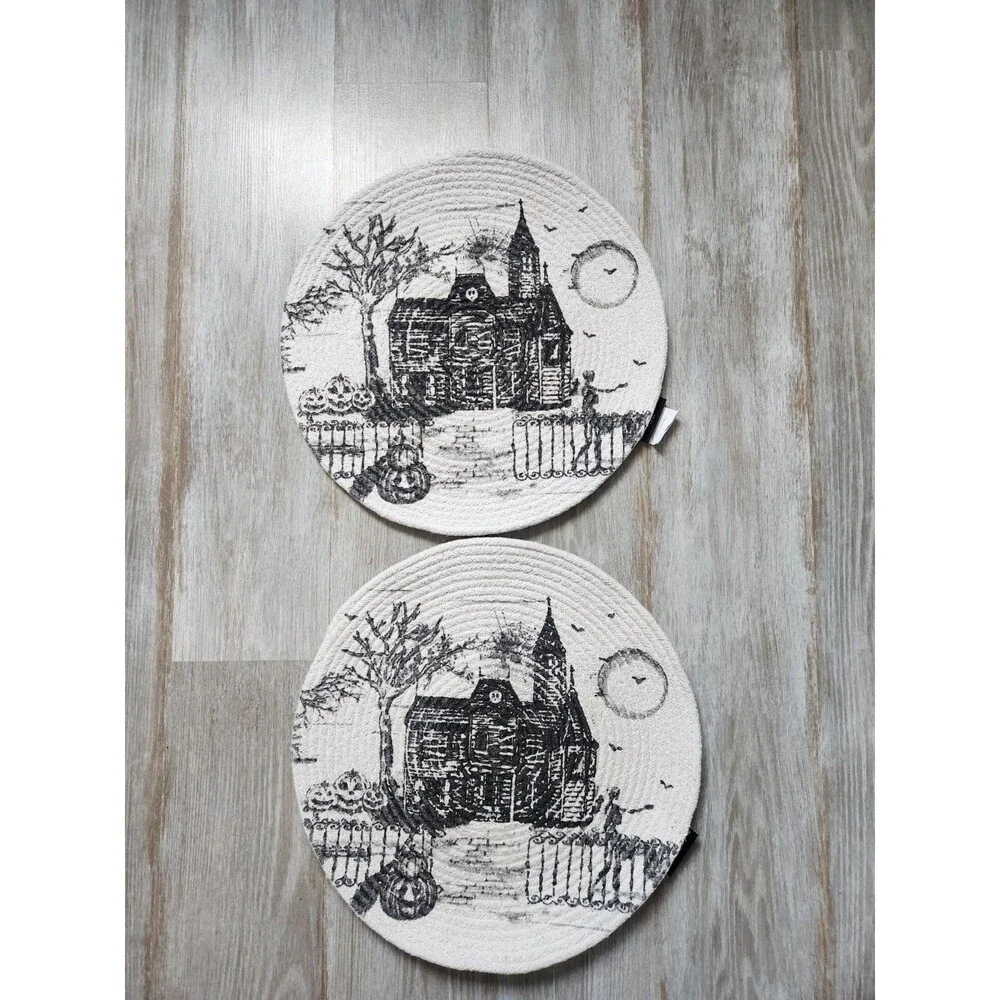 Tahari Home Halloween Haunted House Braided Round Placemats Set of 2 14